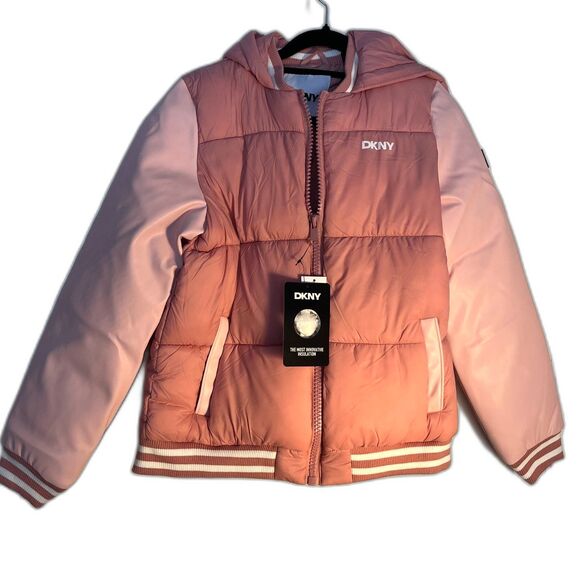 DKNY Girl's Quilted Puffer Pink Varsity JacketSZ L 14/16 New